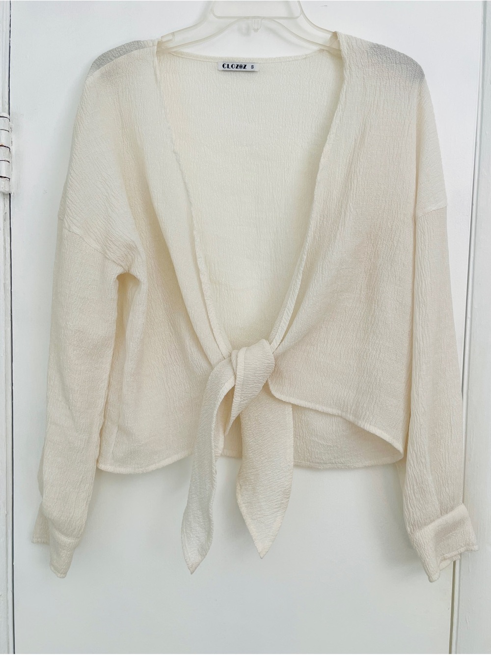 Tie-Front Lightweight draped wrap blouse in Creamy beige